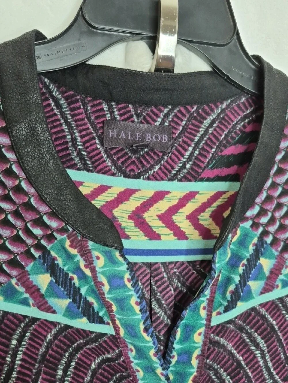 Hale Bob Geometric Chevron‎ V-Neck Shift Dress Purple Pink Teal Blue Large